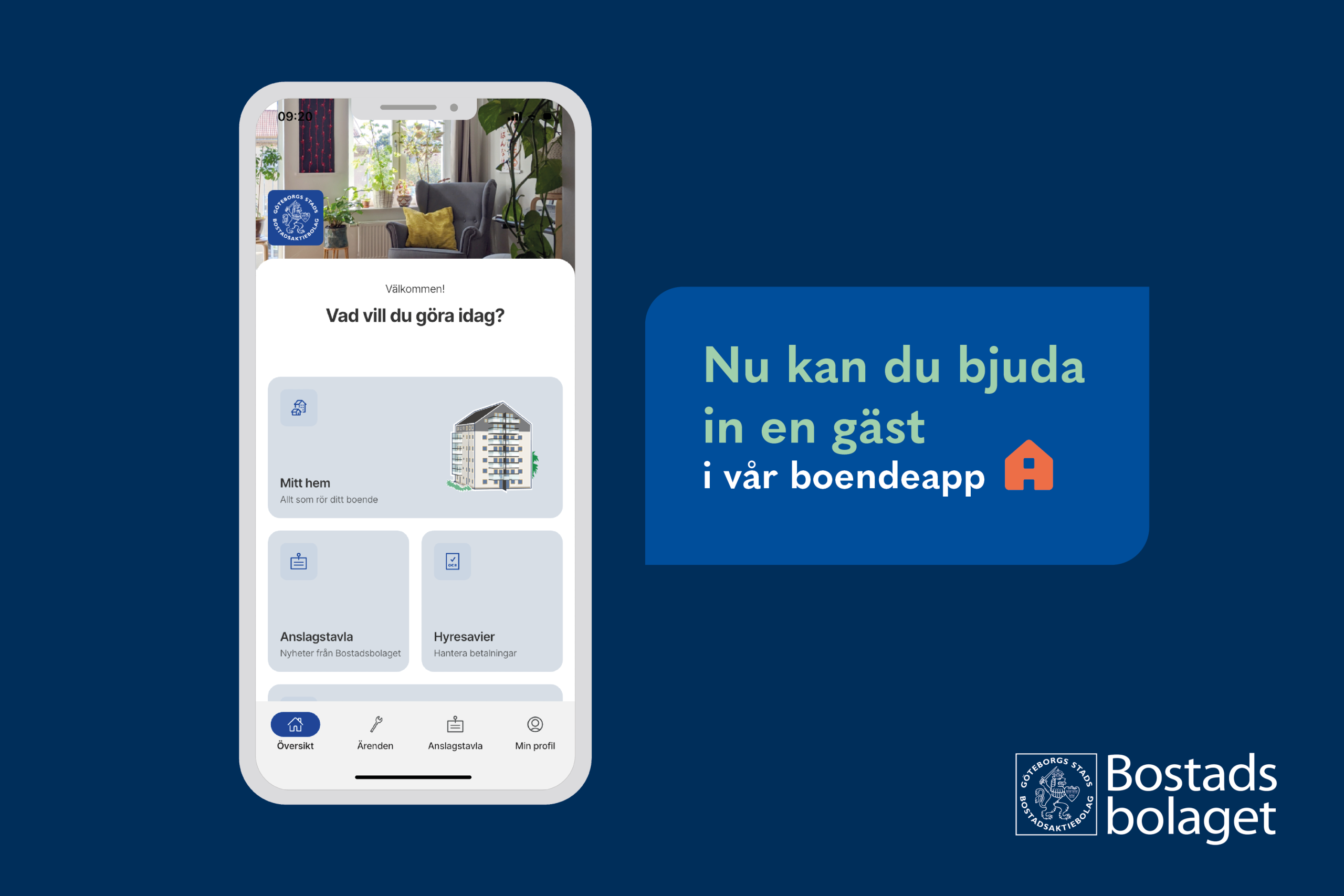 Bild på appen och texten: nu kan du bjuda in en gäst i vår boendeapp.