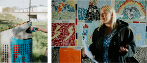 En delad bild. Ena bilden visar en papperskorg med målade ögon på. Den andra visar en kvinna framför en vägg med mosaik. 