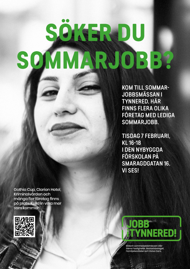 Affisch med information om Sommarjobbsmässa i Tynnered 7 februari 2023 klockan 16-18.