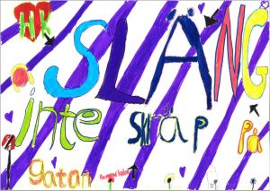 Barnteckning föreställande en text som säger Släng inte skräp på gatan.