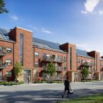 3D-illustration som visar de nya husen på Smörslottsgatan. Två röda fastigheter med solceller på taken. Illustration: 3dVision Interactive Agency AB