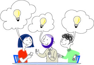 Illustration på människor som träffas och pratar om olika idéer