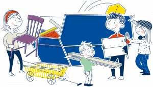 hyresgäster slänger grovavfall i en container