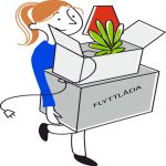 Illustration som visar en kvinna med blå tröja och uppsatt hår som bär en flyttlåda.