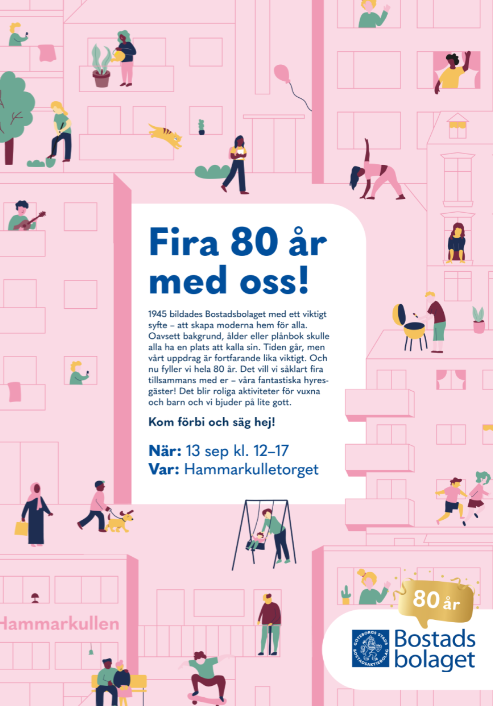 Bild på själva inbjudan som är rosa i bakgrunden med en massa människor som rör sig ute och gör olika saker. I mitten är det en text med rubriken "Firan 80 år med oss". Själva texten i bilden finns med i nyhetsartikeln.