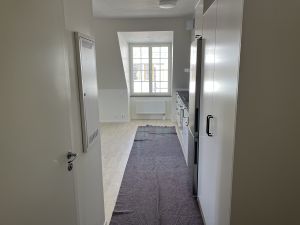 En hall med ett kök i bakgrunden.