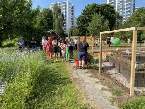 Folk står och pratar vid odlingsområdet.