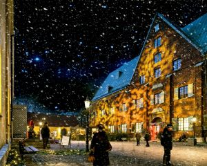 Kronhuset upplyst och med snö i förgrunden.