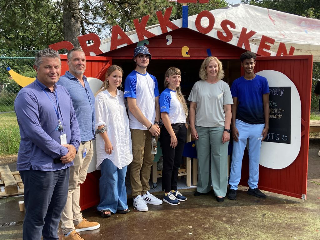Kulturministern blir fotograferad franför Drakkiosken tillsammans med ledare från Designkklubben och personal från Bostadsbolaget.
