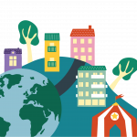 community center Backa-Brunnsbos logga. Den föreställer en kulle med olika färgglada hus.