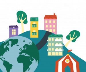 community center Backa-Brunnsbos logga. Den föreställer en kulle med olika färgglada hus.