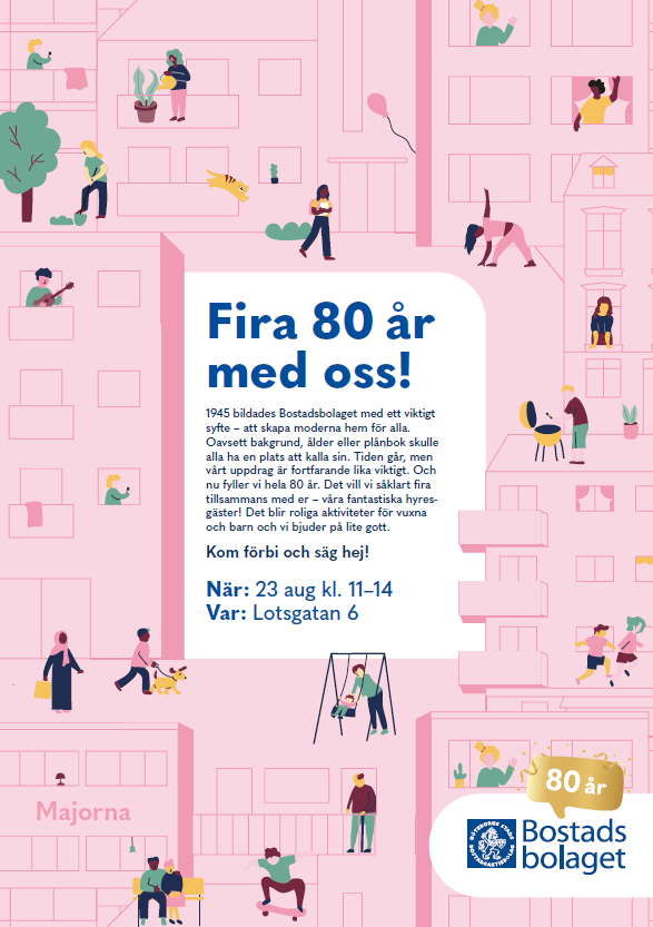 Bild på själva inbjudan som är rosa i bakgrunden med en massa människor som rör sig ute och gör olika saker. I mitten är det en text med rubriken "Fira 80 år med oss". Själva texten i bilden finns med i nyhetsartikeln.