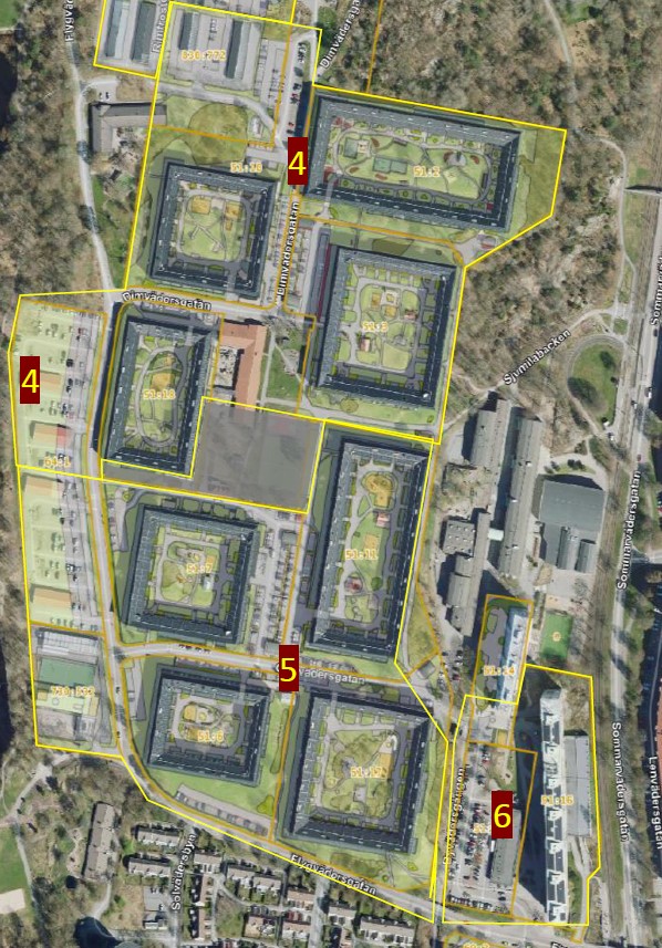 Karta över zonindelning i Biskopsgården. Zonindelningen beskrivs i text i själva nyheten. 