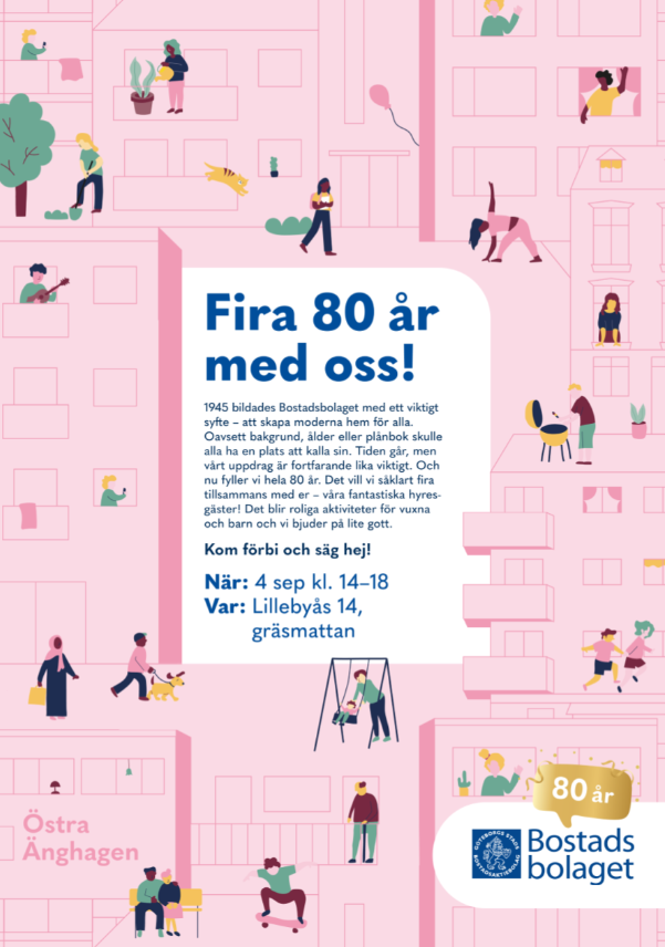 Bild på själva inbjudan som är rosa i bakgrunden med en massa människor som rör sig ute och gör olika saker. I mitten är det en text med rubriken "Fira 80 år med oss". Själva texten i bilden finns med i nyhetsartikeln.