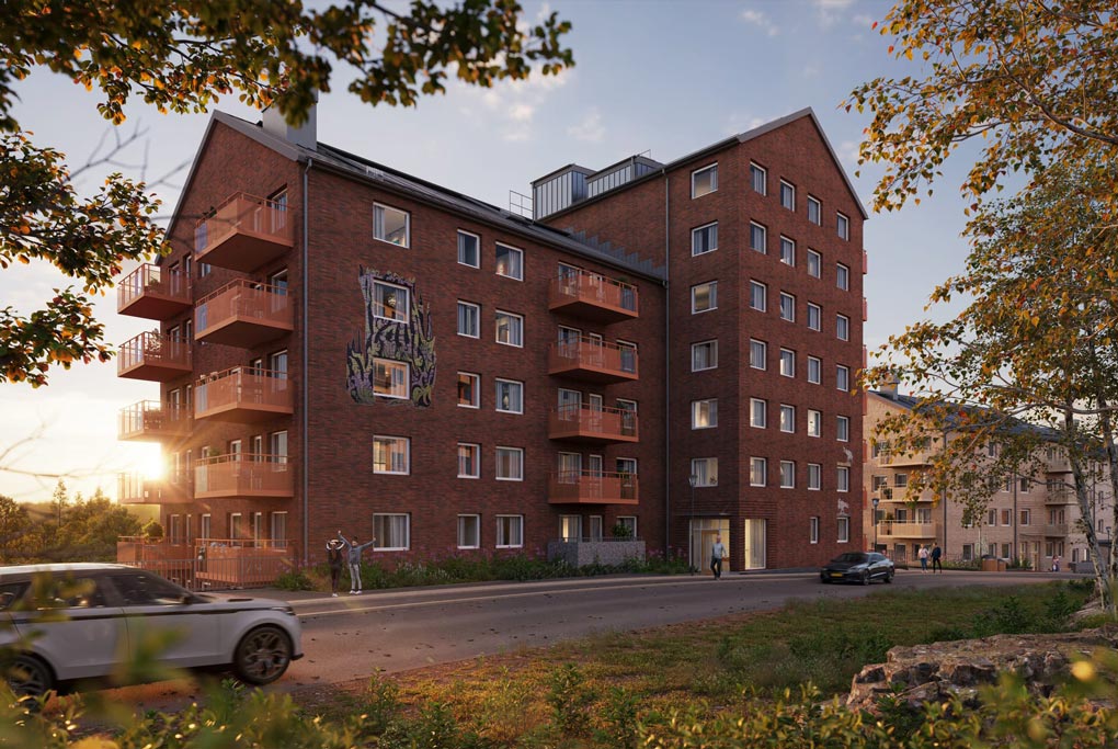 3D-illustration över nybyggda hus i Östra Kålltorp. Bostadshus i rött tegel. 