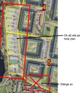 Bild som visar vilken del av parkeringen som är avstängd.