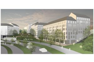 Visionsbild över hur nya hus kan komma att se ut på Säterigatan.