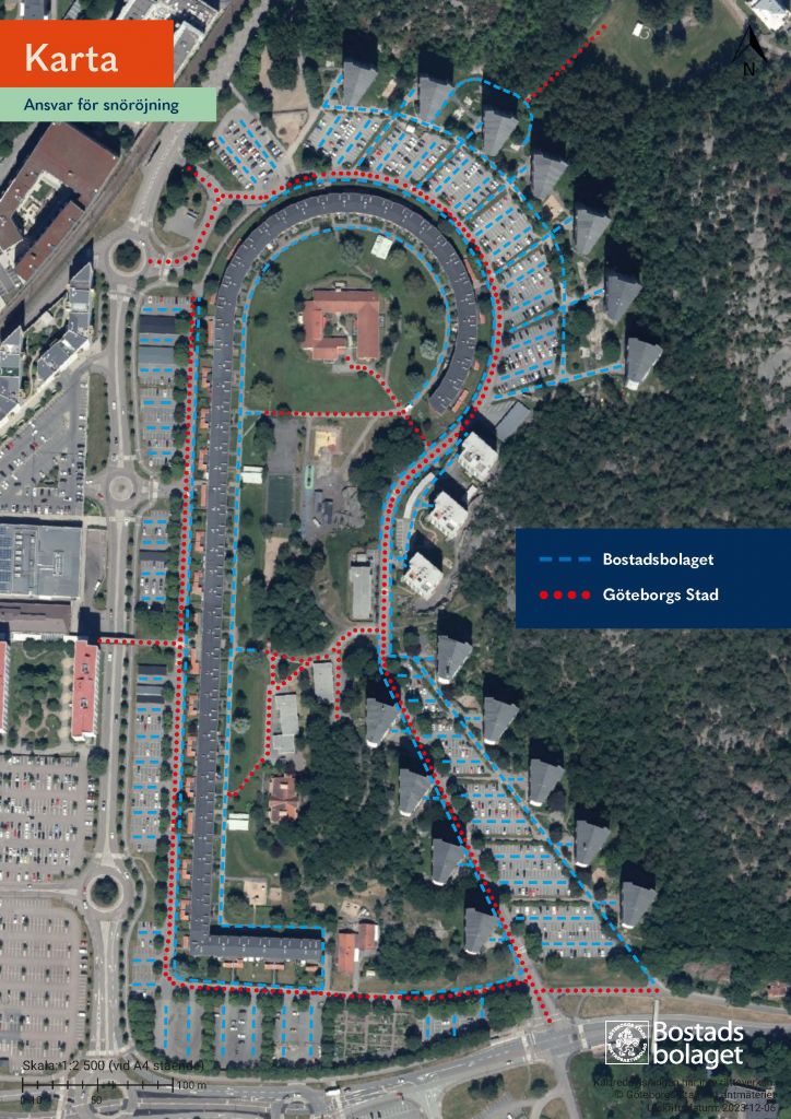 Karta över Västra Järnbrott som visar olika ansvarsområden för snöröjning. 