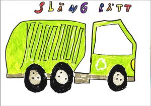 En barnteckning föreställande en grön sopbil.