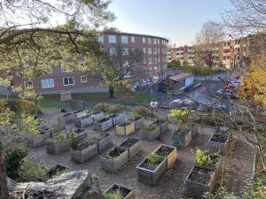 Pallkragar utanför ett bostadshus.