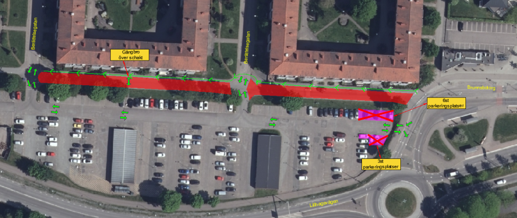 Karta som visar trafikomläggningen på Berättelsegatan.