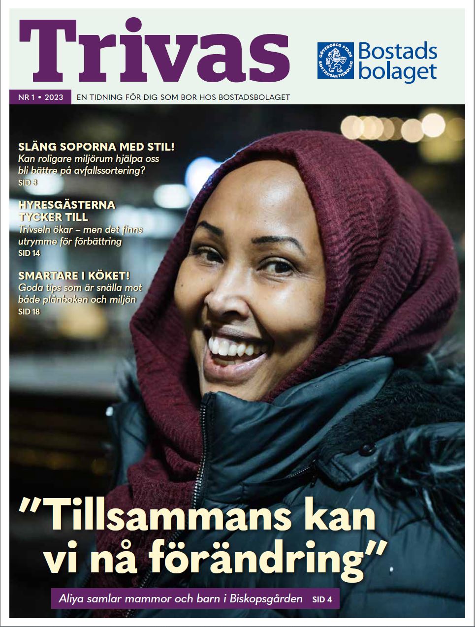 Framsida på tidningen Trivas. En kvinna ler in i kameran.