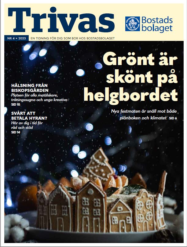 Framsida på tidningen Trivas. Ett pepparkakshus.