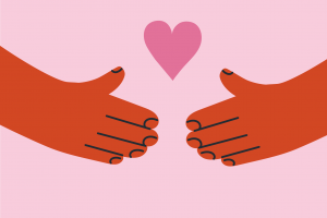 Tvät händer som stäcker sig mot varann med ett hjärta mitt emellan.