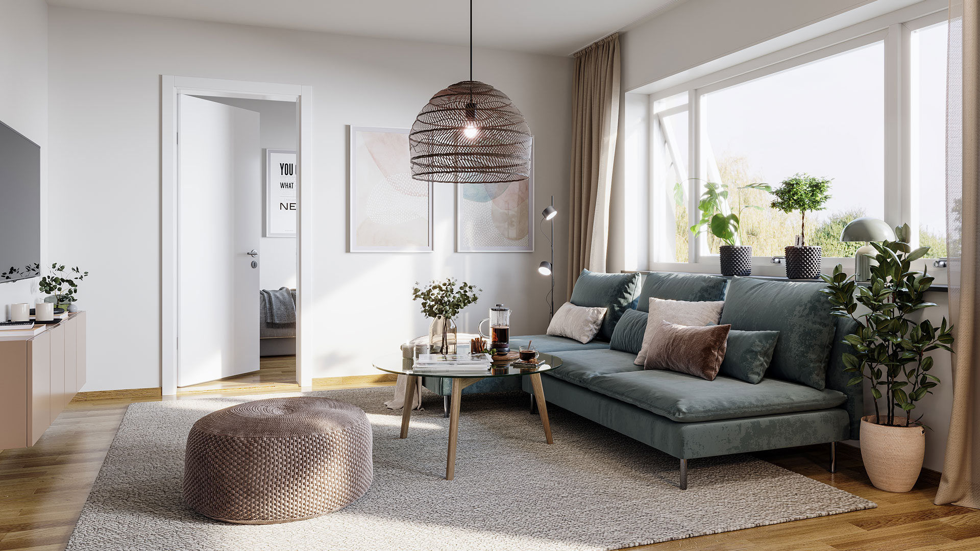 En 3D-illustration över ett modernt vardagsrum. I bilden syns ett soffbord, en TV och en grön soffa.