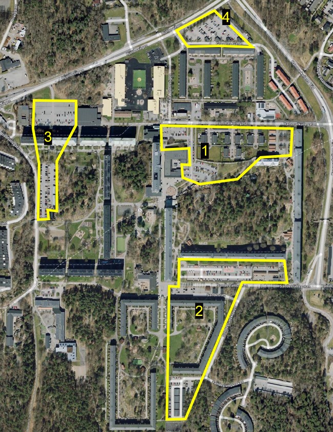 Karta med parkeringszoner i Hammarkullen. Zonerna finns beskrivna i text i nyheten. 