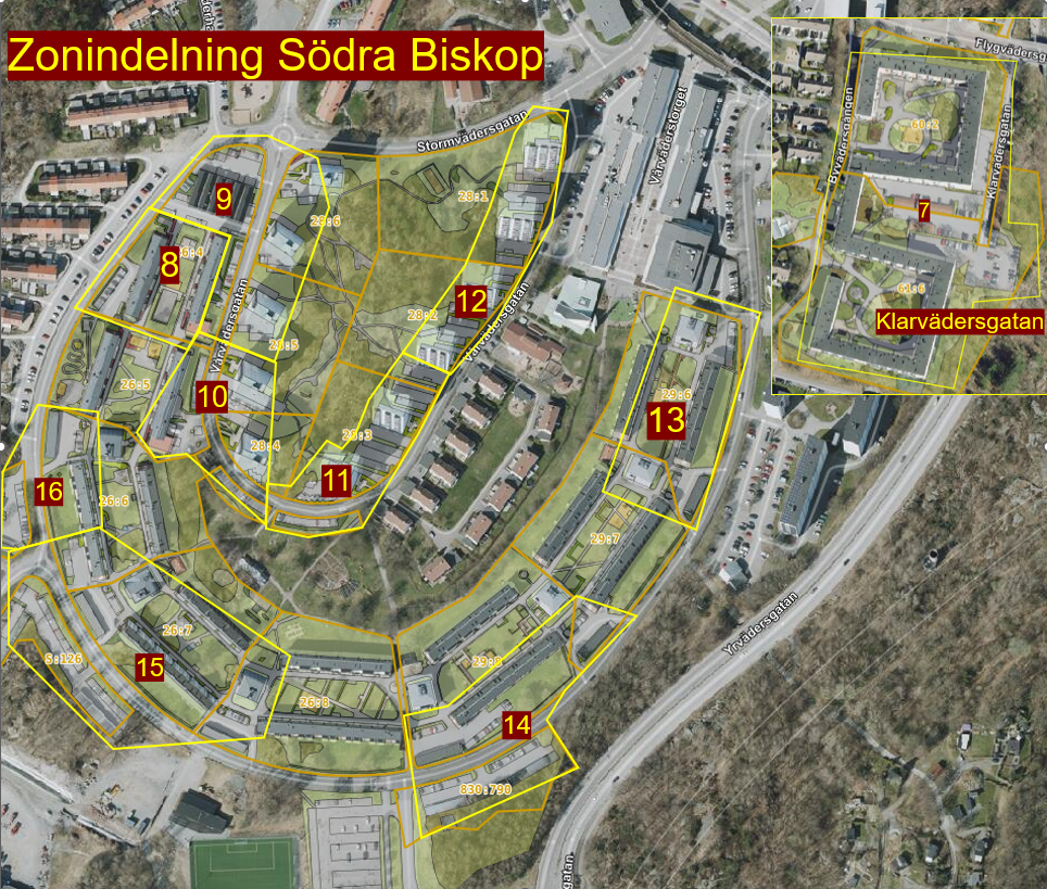 Karta över zonindelning i Södra Biskopsgården. Zonerna beskrivs i texten i nyheten. 