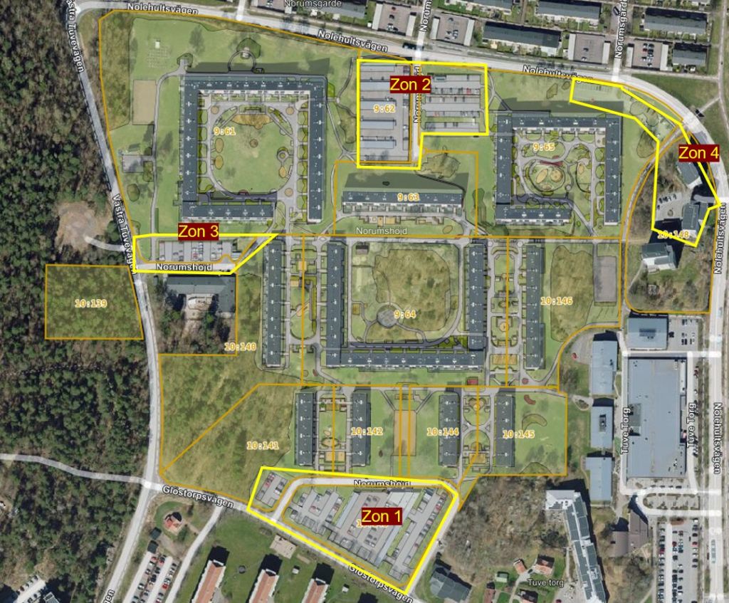 Zonkarta över tre parkeringszoner i Tuve. Beskrivningen av zonerna finns i text i artikeln.