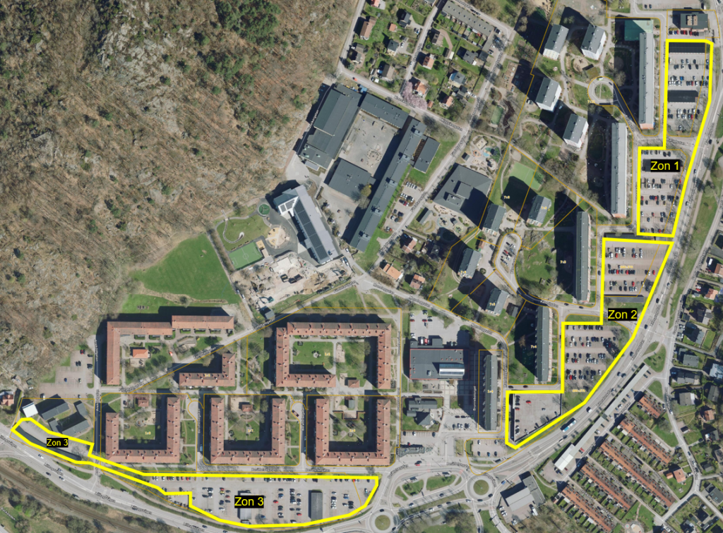 Karta på parkeringszoner i Brunnsbo. Zonerna beskrivs i text i själva nyheten. 