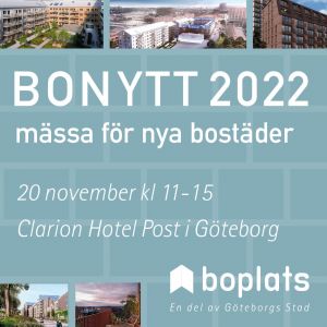 bild med reklam för bonyttmässan. Bilder på hus samt text med tid och plats för mässan.