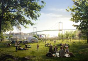 Visionsbild av Färjenäsparken med människor som fikar.