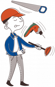 Hantverkare som jonglerar med verktyg. 