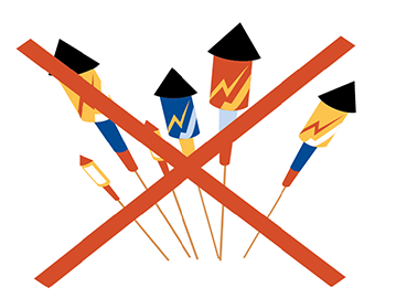 Animerad bild på fyrverkerier med ett rött kryss ovanpå