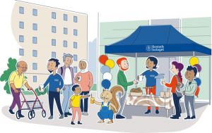 illustration som visar människor utanför Boservice