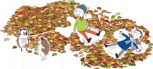 Illustration med barn i en lövhög