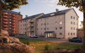 Visualiseringsbild på ett av husen i Östra Kålltorp. Huset är ett flerfamiljshus med beige tegelfasad.