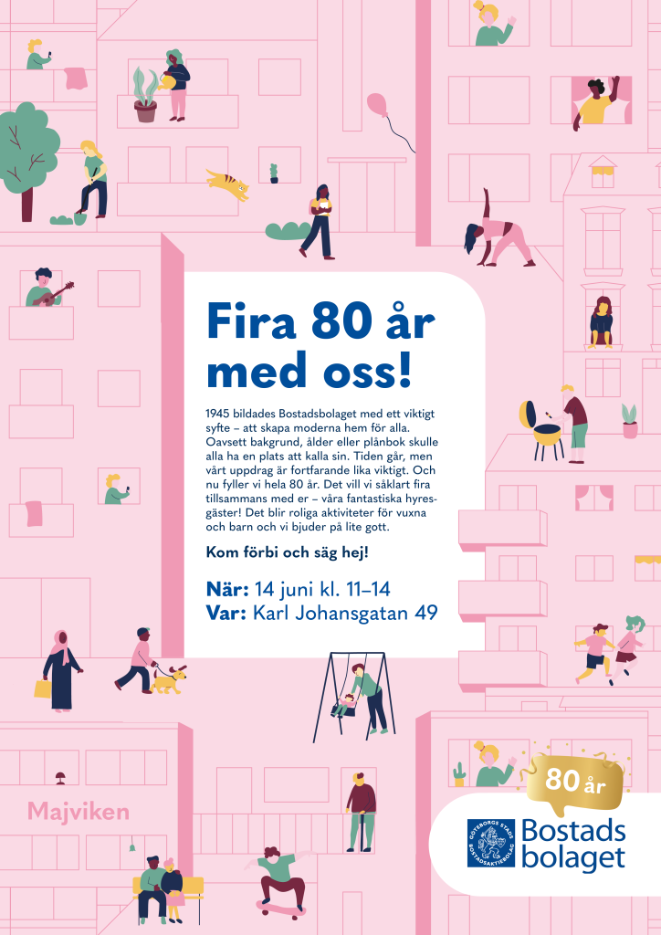 Bild på kalasinbjudan med rosa bakgrund och tecknade figurer som är utomhus och gör olika saker. I mitten är det text med rubriken "Fira 80 år med oss!" Själva texten finns utskriven i nyheten. 