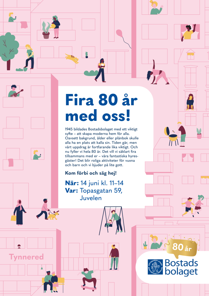 Bild på själva inbjudan som är rosa i bakgrunden med en massa människor som rör sig ute och gör olika saker. I mitten är det en text med rubriken "Firan 80 år med oss". Själva texten i bilden finns med i nyhetsartikeln.