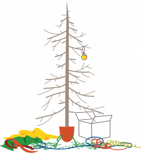 Tecknad bild på en julgran som tappat barren.