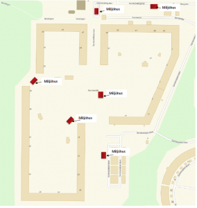 Karta över Sandeslätt med de nya miljöhusen utplacerade.