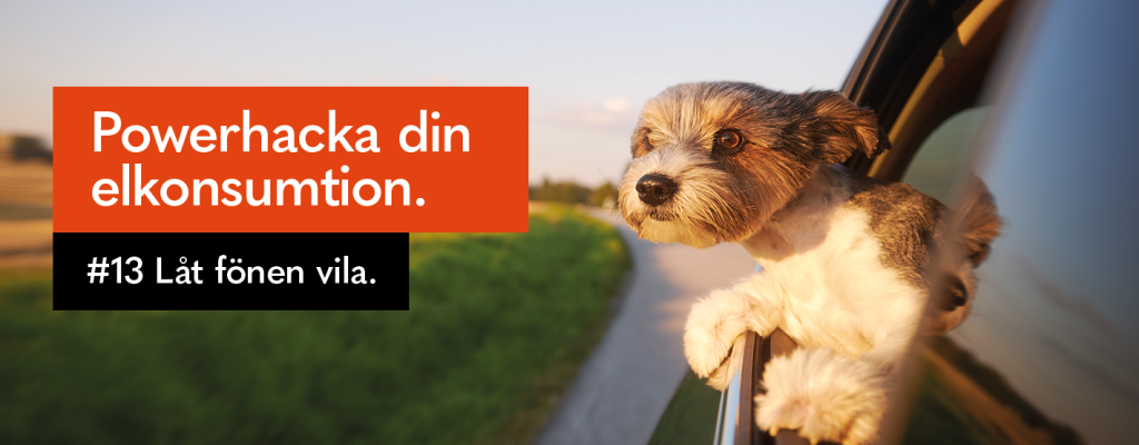 Bild med hund som sticker ut huvudet från fönstret på en bil . Över bilden står texten: Powerhacka din elkonsumtion. Låt fönen vila. 