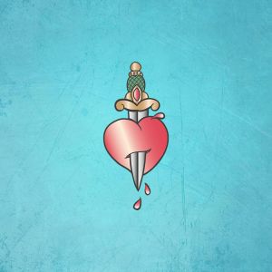 En bild med turkos bakgrund och ett rött tecknat hjärta i mitten med en dolk som sticker igenom hjärtat och två bloddroppar droppar. 