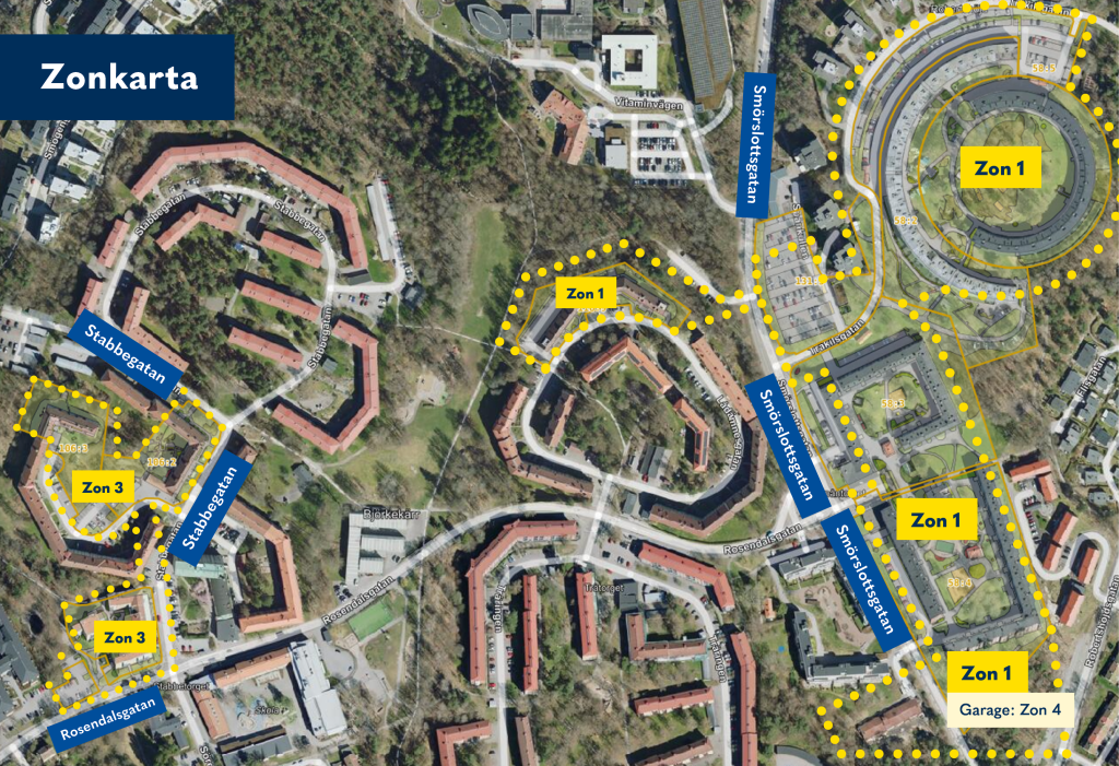 Karta med zonindelning av parkeringsytor i Robertshöjd. Zonerna beskrivs i text i nyheten. 